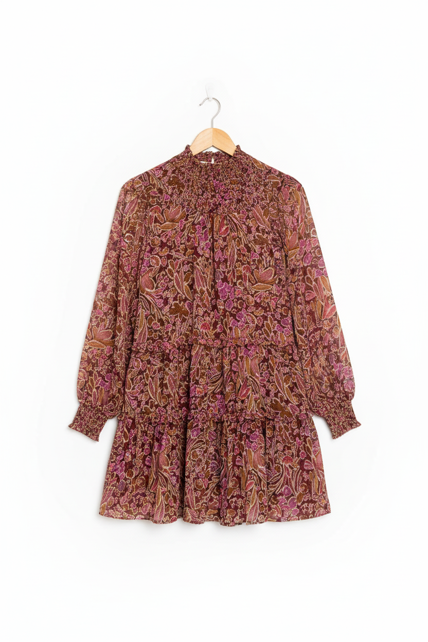 Floral Print Long Sleeve Shirred High Neck Loose Mini Dress - eAura