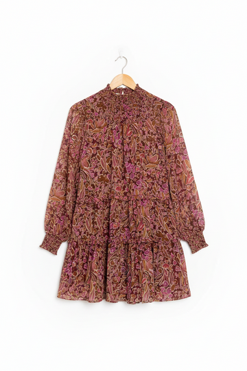 Floral Print Long Sleeve Shirred High Neck Loose Mini Dress - eAura