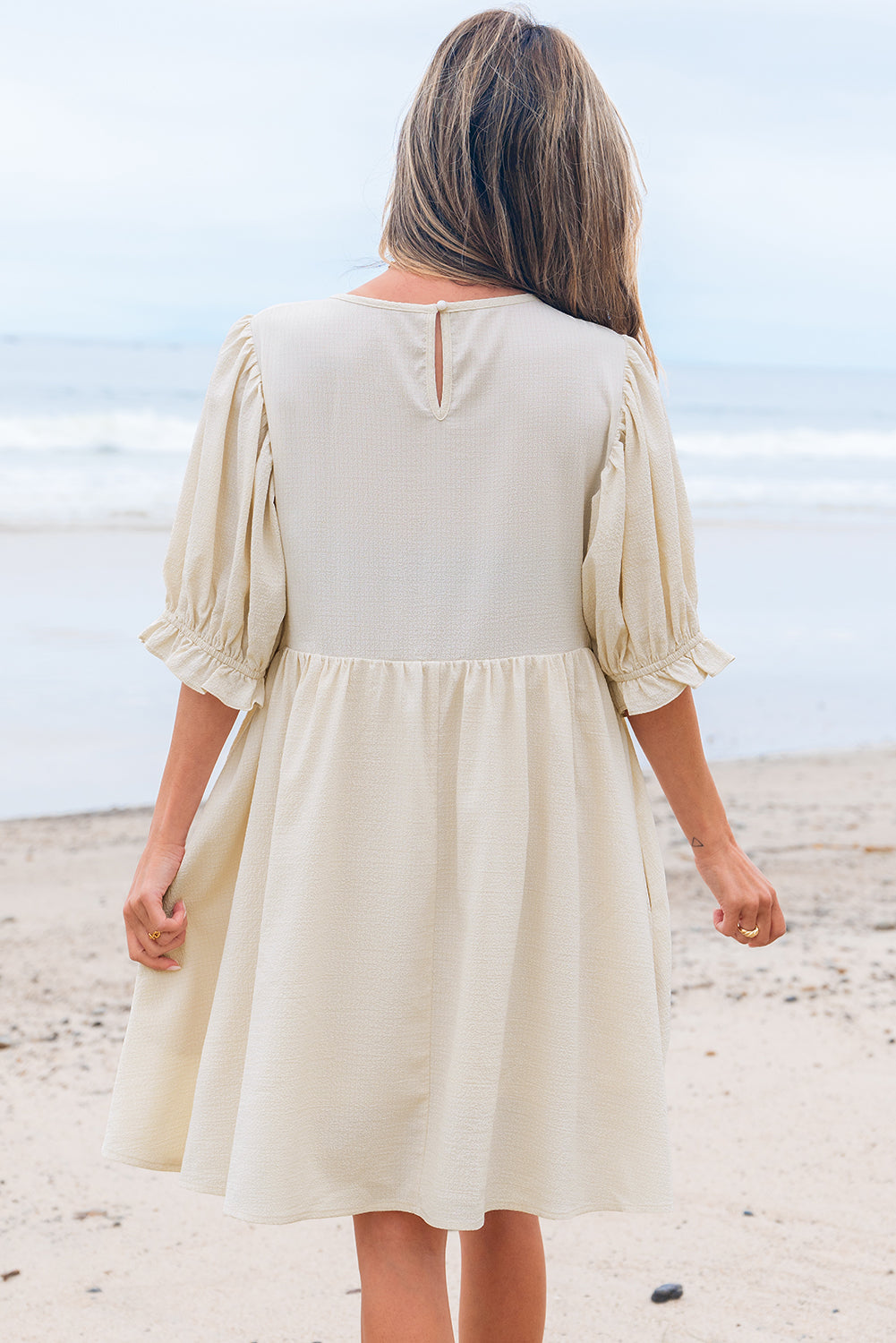 White Textured Ruffled Puff Sleeve Oversized Dress eAura