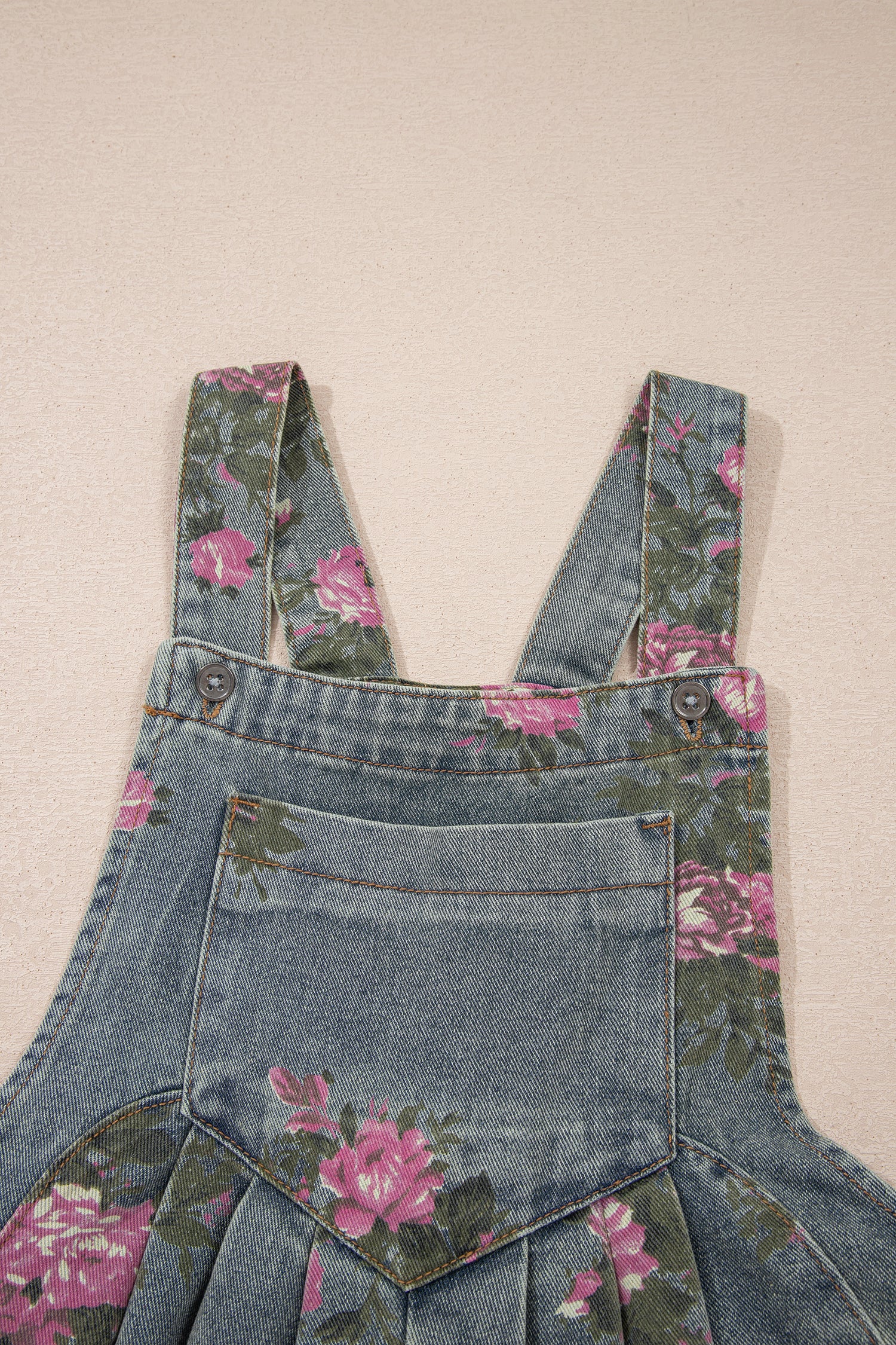 Floral Print Pleated Wide Leg Denim Jumpsuit – High Waist