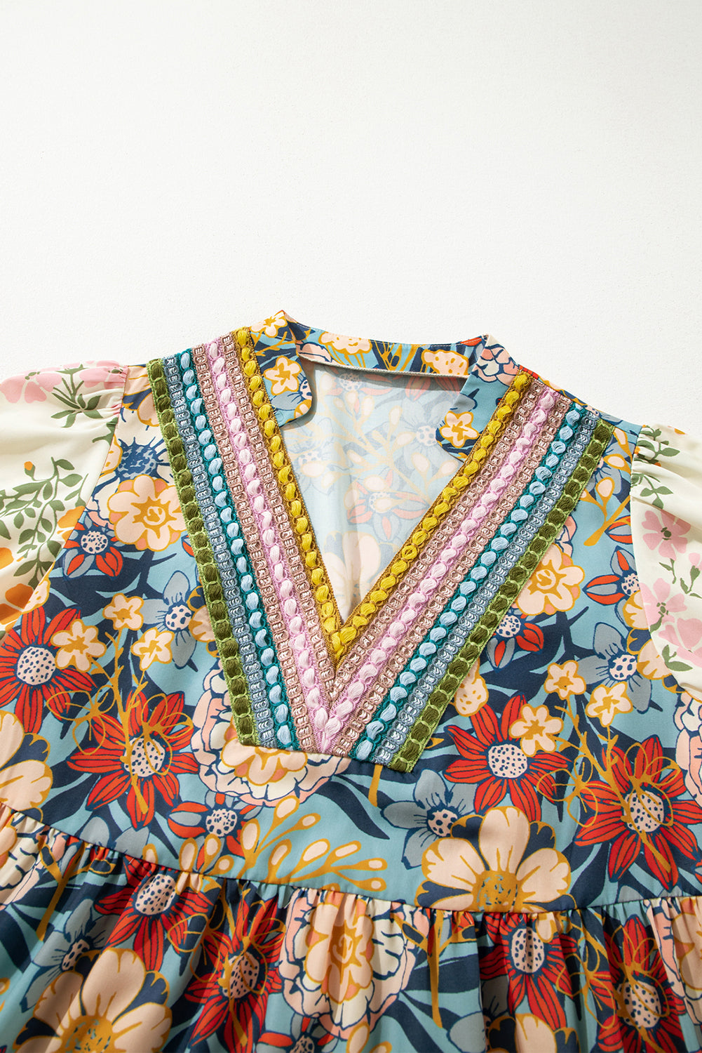 Multicolour Boho Floral Print Crochet Patchwork V Neck Loose Mini Dress eAura