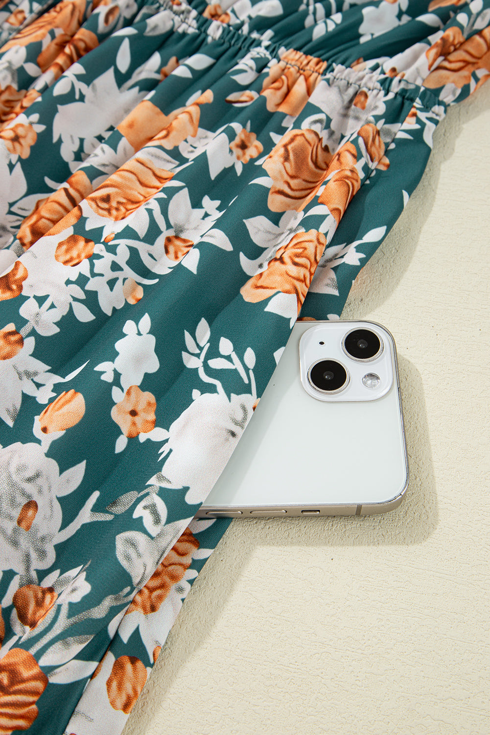 Green Floral Print Trimmed V Neck Tie Waist Sleeveless Holiday Long Dress - eAura