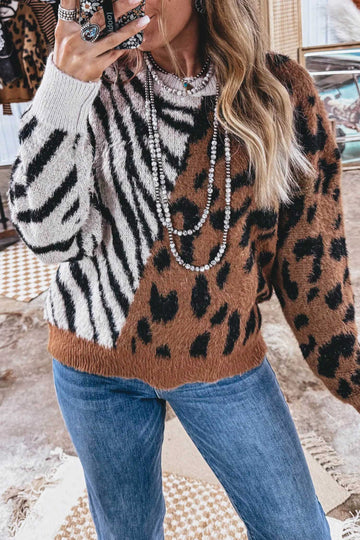 Western Leopard Zebra Print Long Sleeve Round Neck Sweater – Coffee