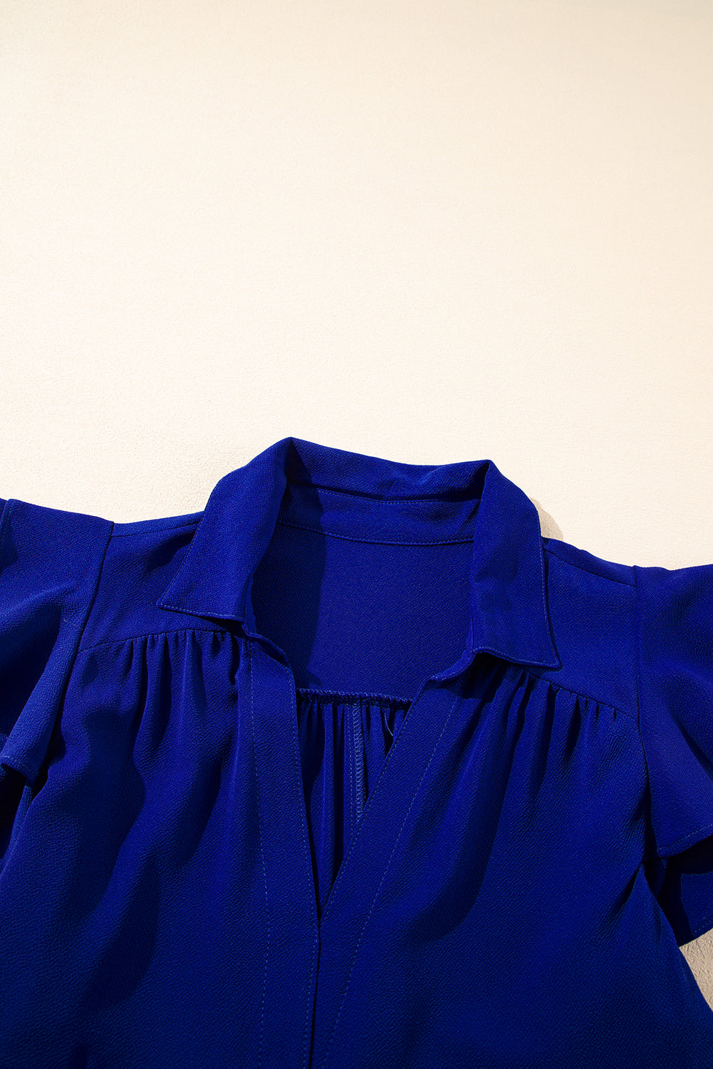 Bluing Ruffled Short Sleeve Collared V Neck Tiered Midi Dress eAura