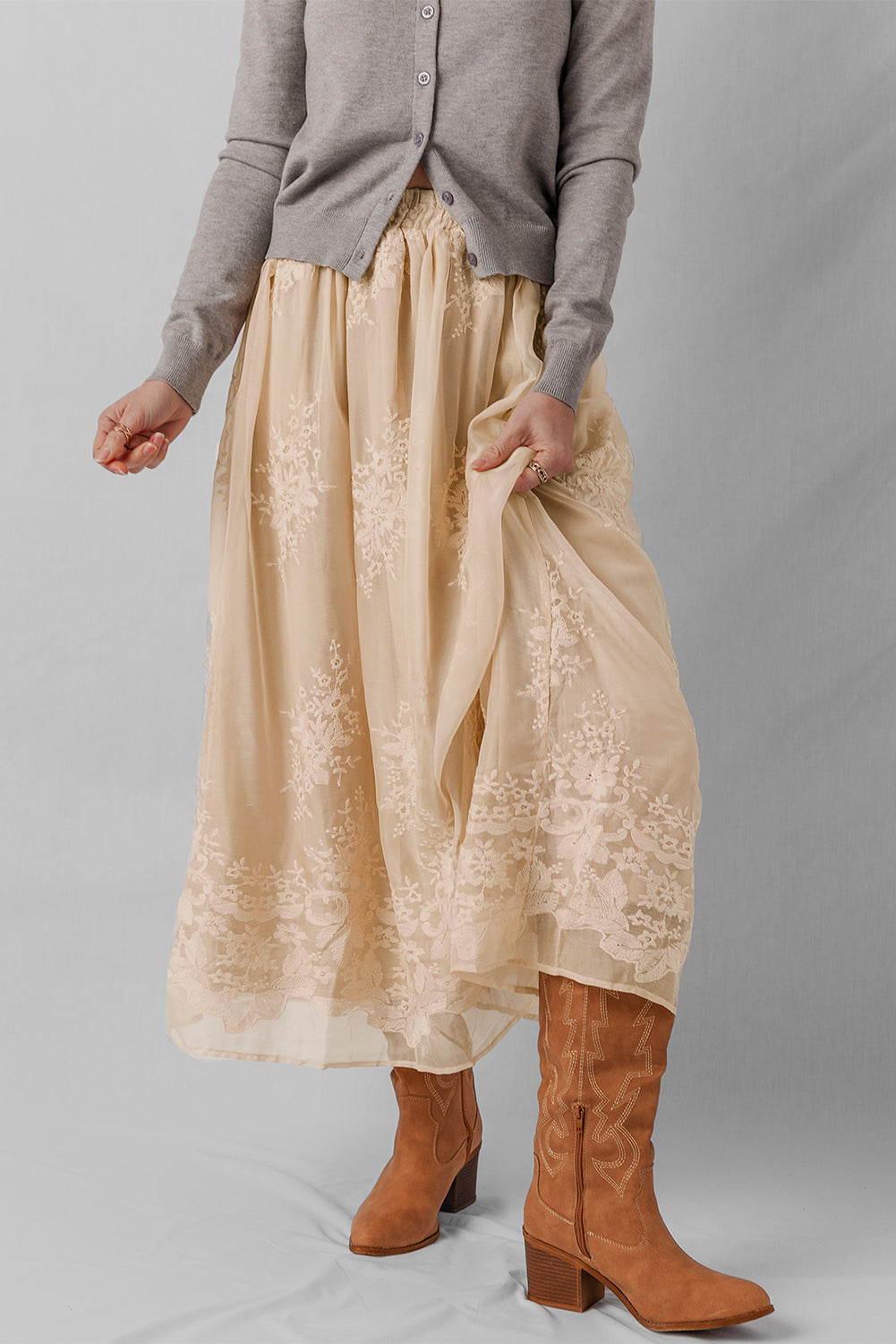 Embroidered Mesh Overlay Flowy Maxi Skirt - eAura