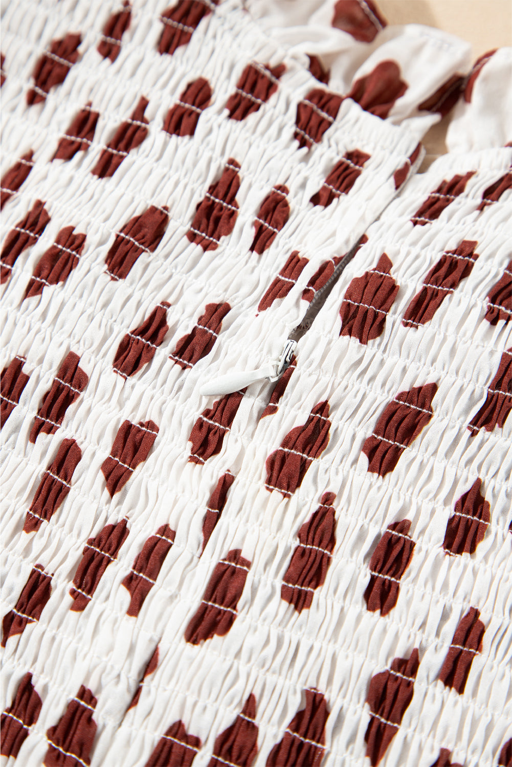 Brown Abstract Printed Flutter Sleeve Smocked Bodice Short Dress eAura