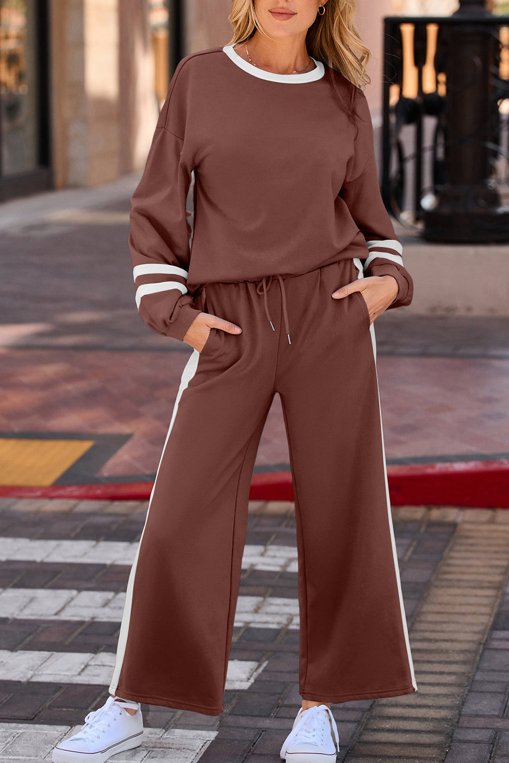 Varsity Striped Puff Sleeve Pullover & Drawstring Wide Leg Trouser Co-ord Set - eAura