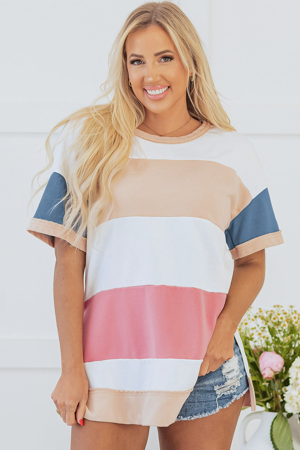 Multicolour Colourblock Patchwork Side Split Tunic T Shirt eAura