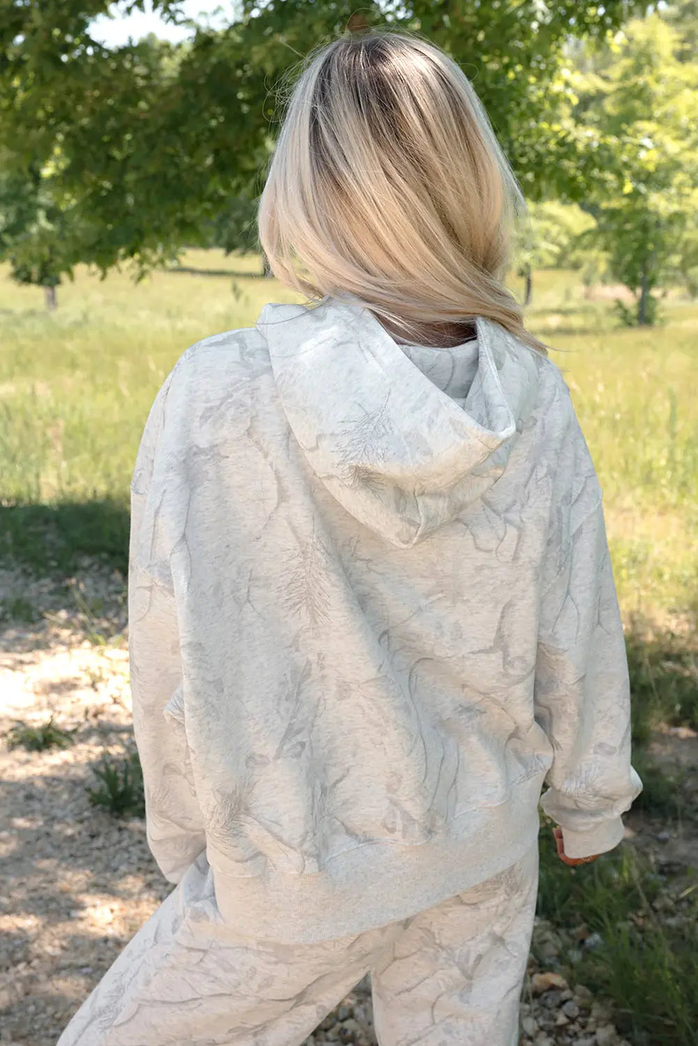 Light Grey Abstract Print Loose Drop Sleeve Hoodie Elastic Waistband 2pcs Pant Set - S / 100% Polyester - Two Piece