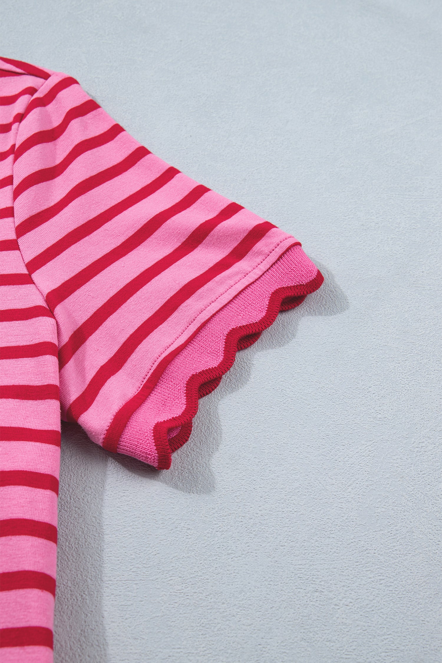 Striped Short Sleeve Scalloped Trim Side Slit T-Shirt Dress – Rose Stripe