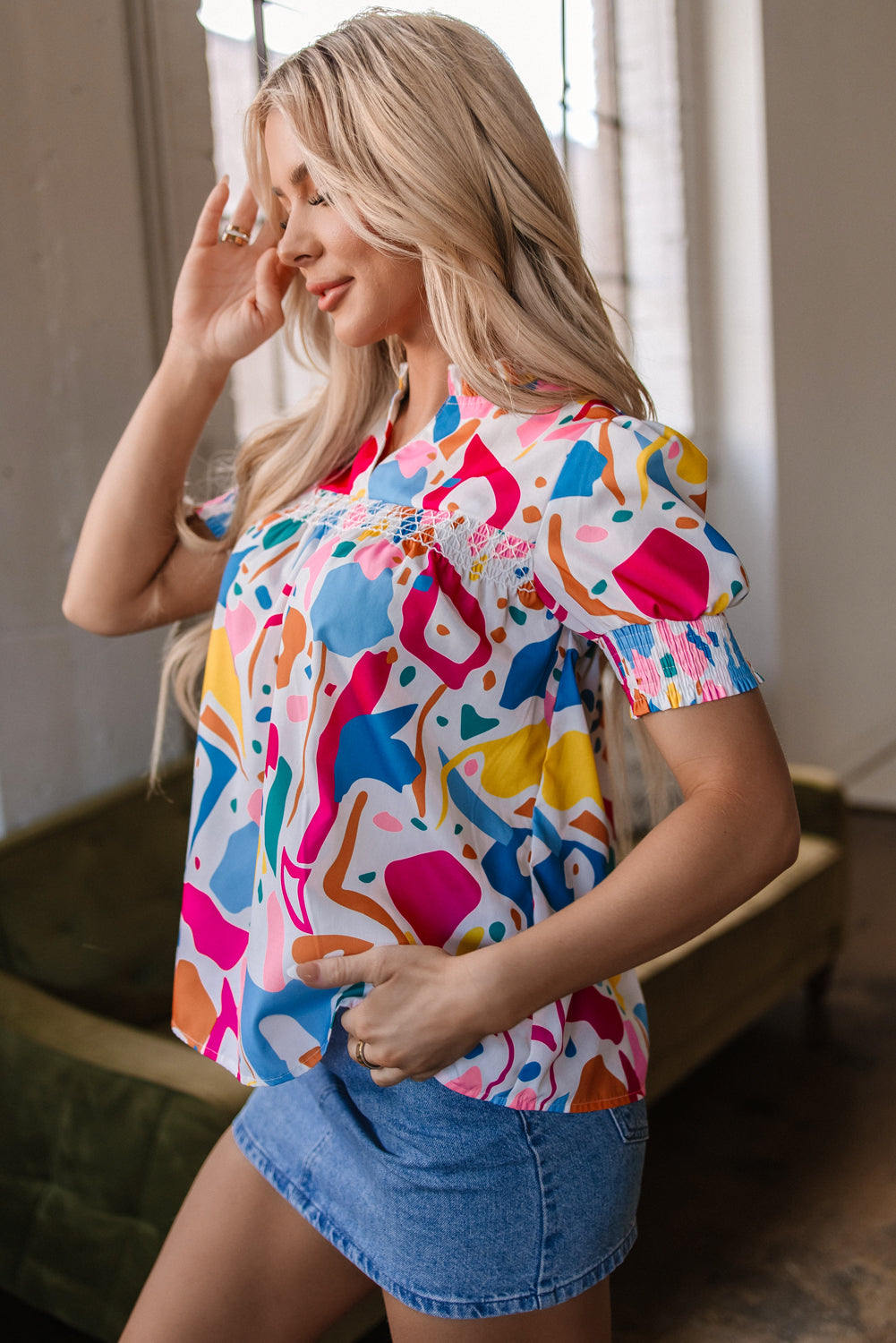Multicolour Abstract Print Lace Detail Shirred Short Sleeve Split Neck Blouse eAura