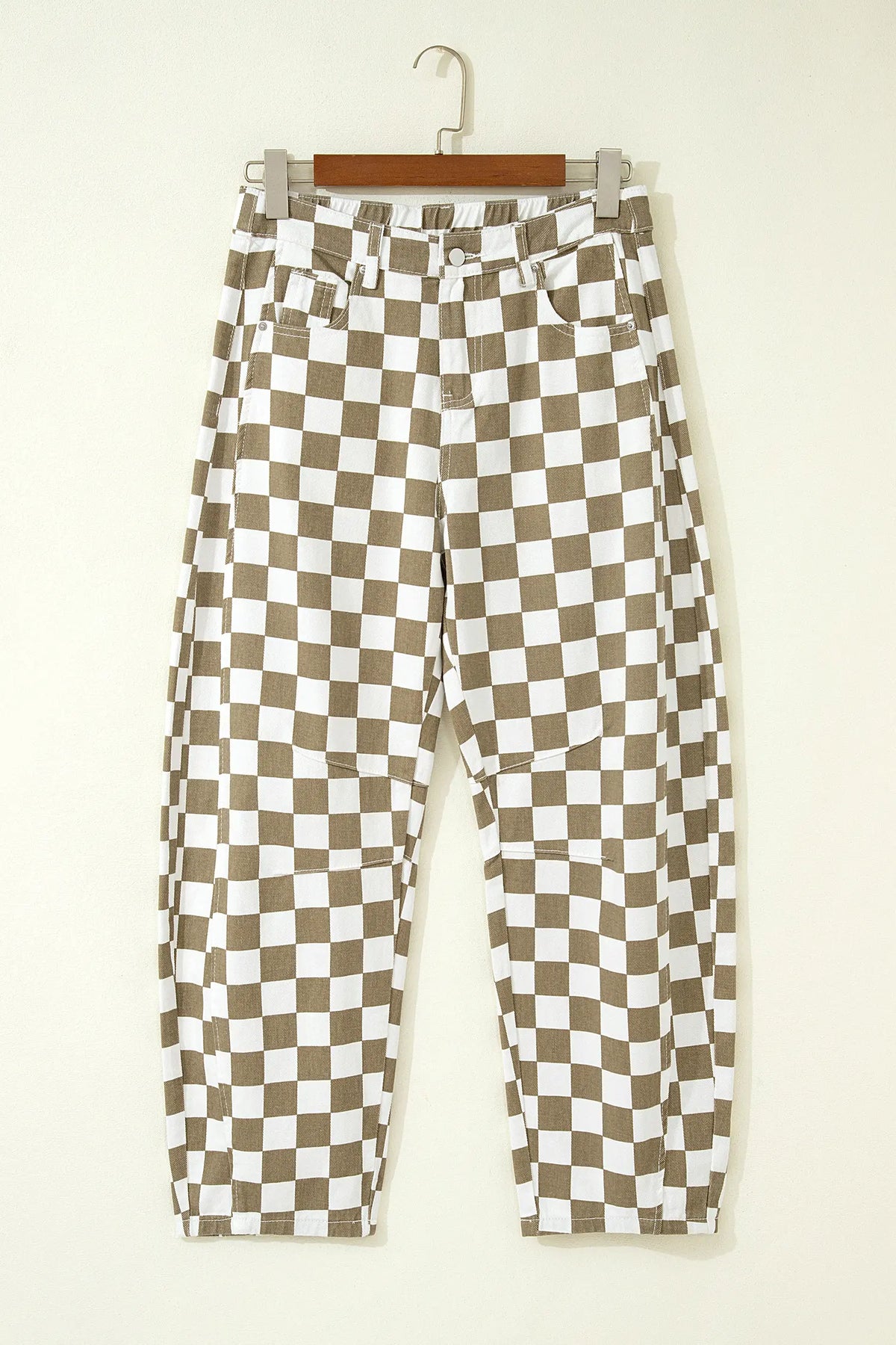 Checkered Print Denim Barrel Pants – White