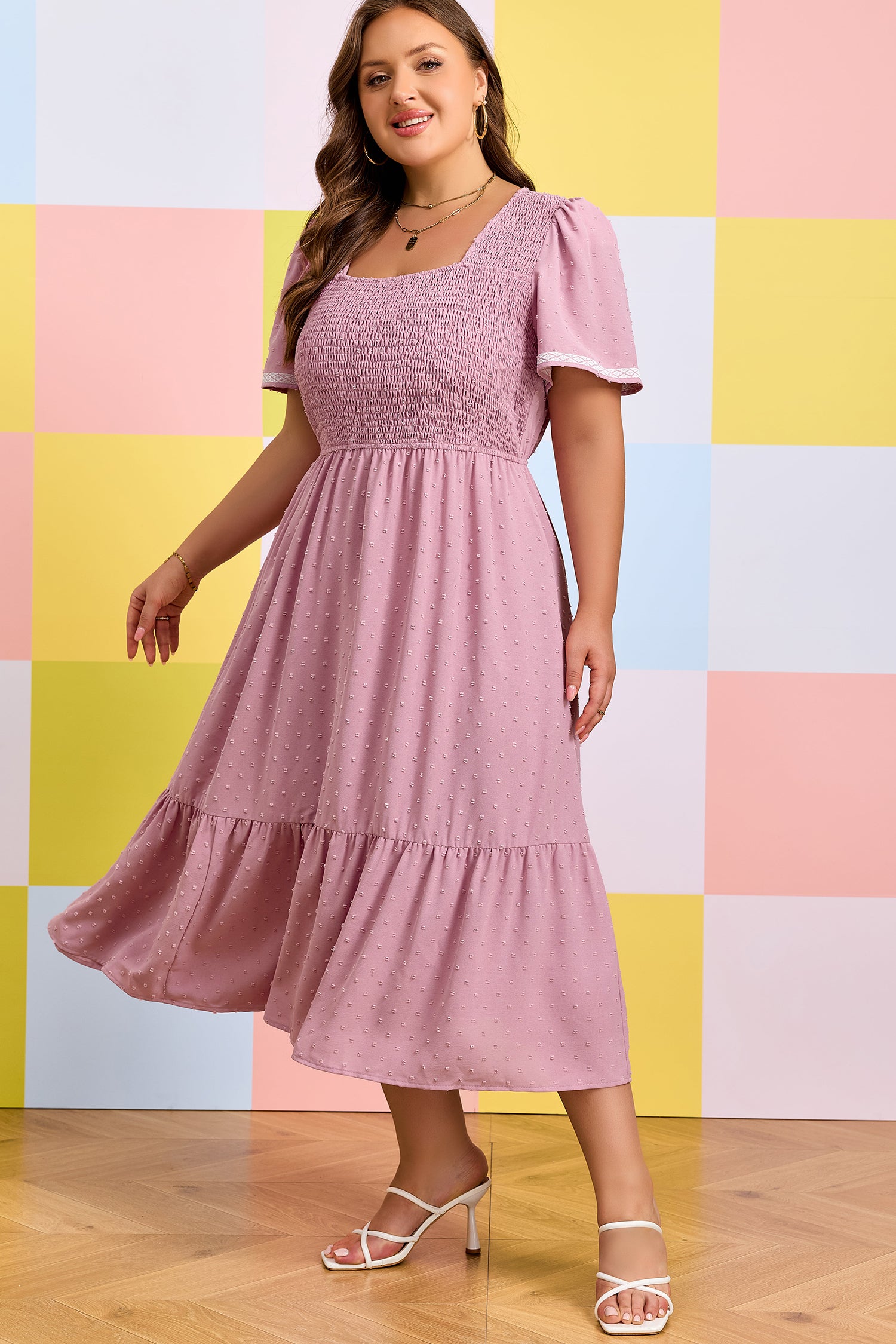 Plus Size Swiss Dot Smocked High Waist Flowy Midi Dress – Pink