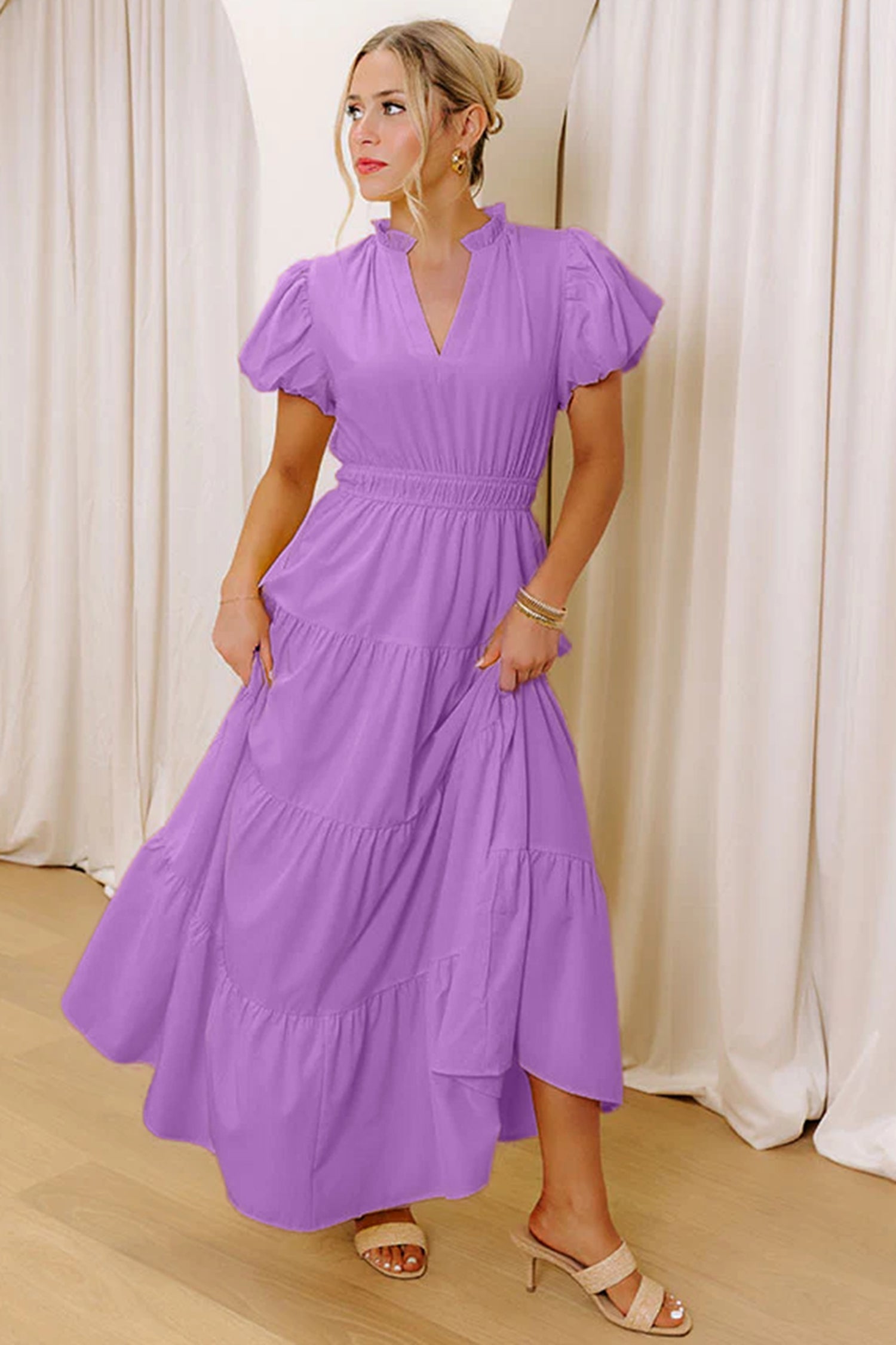 V-Neck Short Puff Sleeve Tiered Maxi Dress
