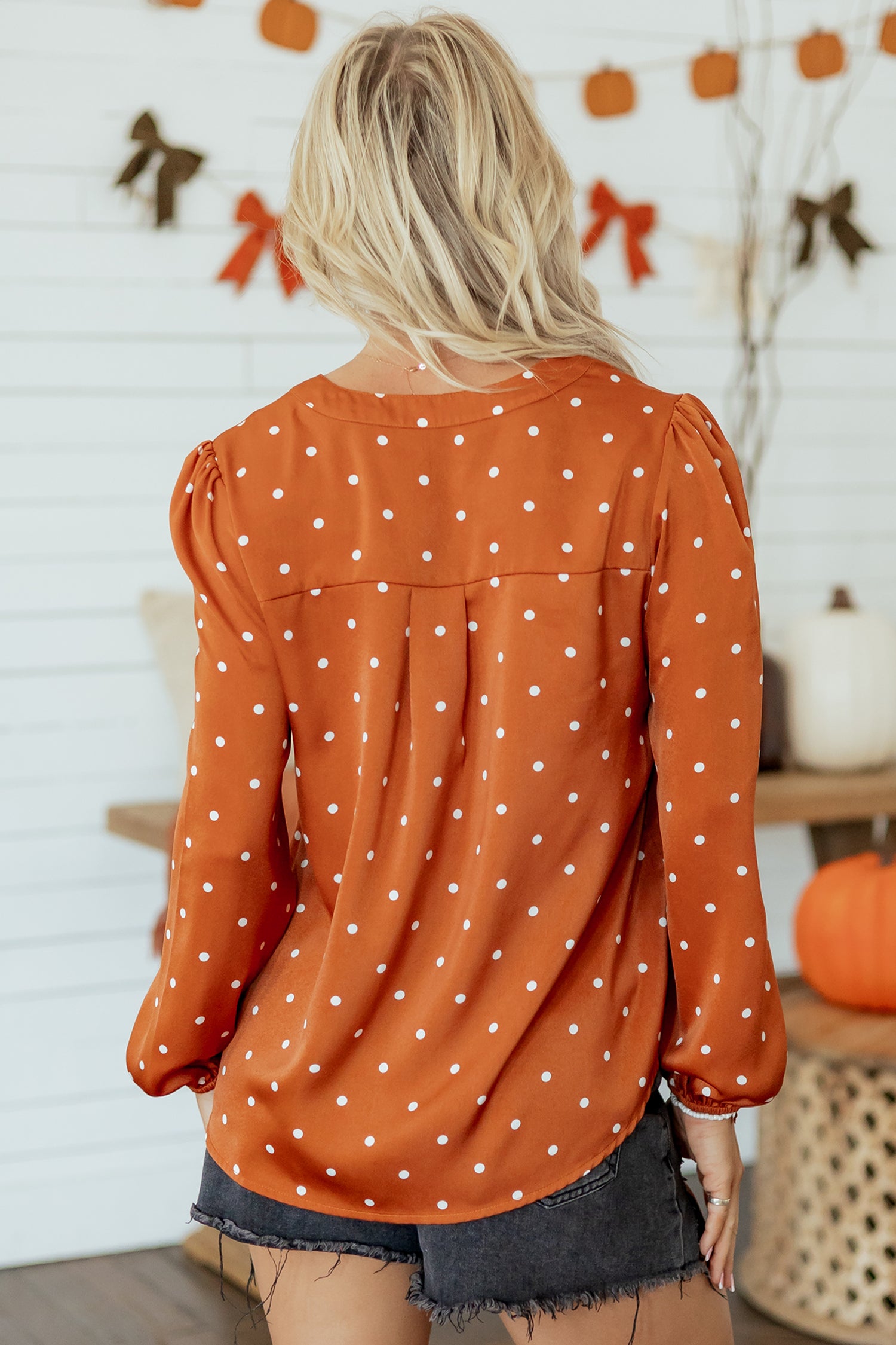 Polka Dot Half Button V Neck Long Sleeve Blouse – Brown