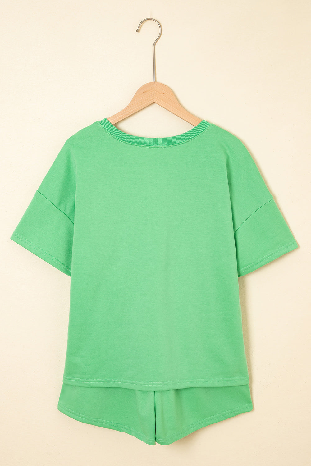 Mint Green V Neck Drop Shoulder Tee and Patchwork Drawstring Shorts Set eAura