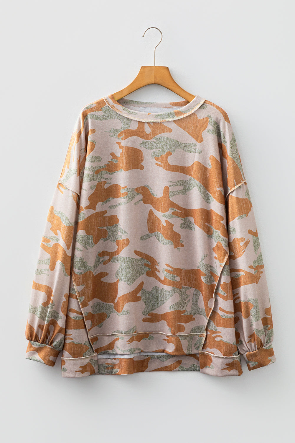 Retro Camouflage Print Exposed Seam Patchwork Drop Shoulder Sweatshirt - eAura