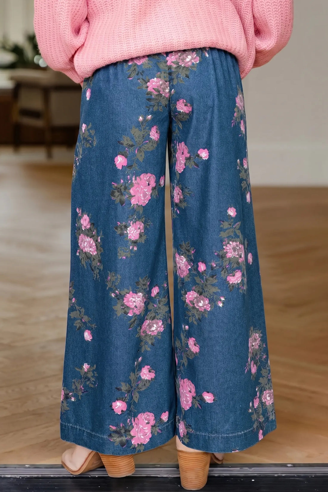 Floral Print Elastic Waist Pintuck Wide Leg Jeans
