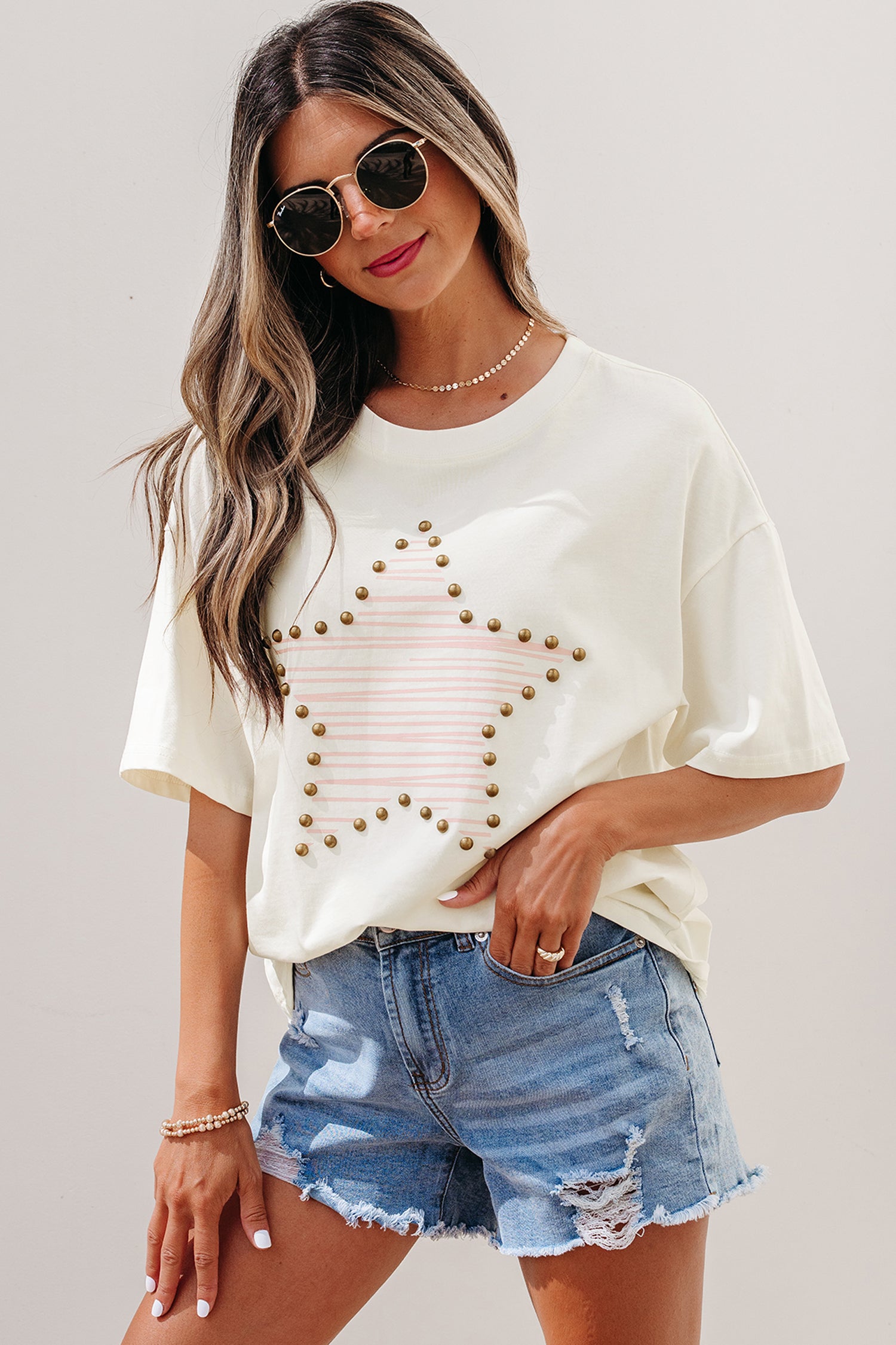 Star Print Stud Detail Cotton Jersey Top – Beige