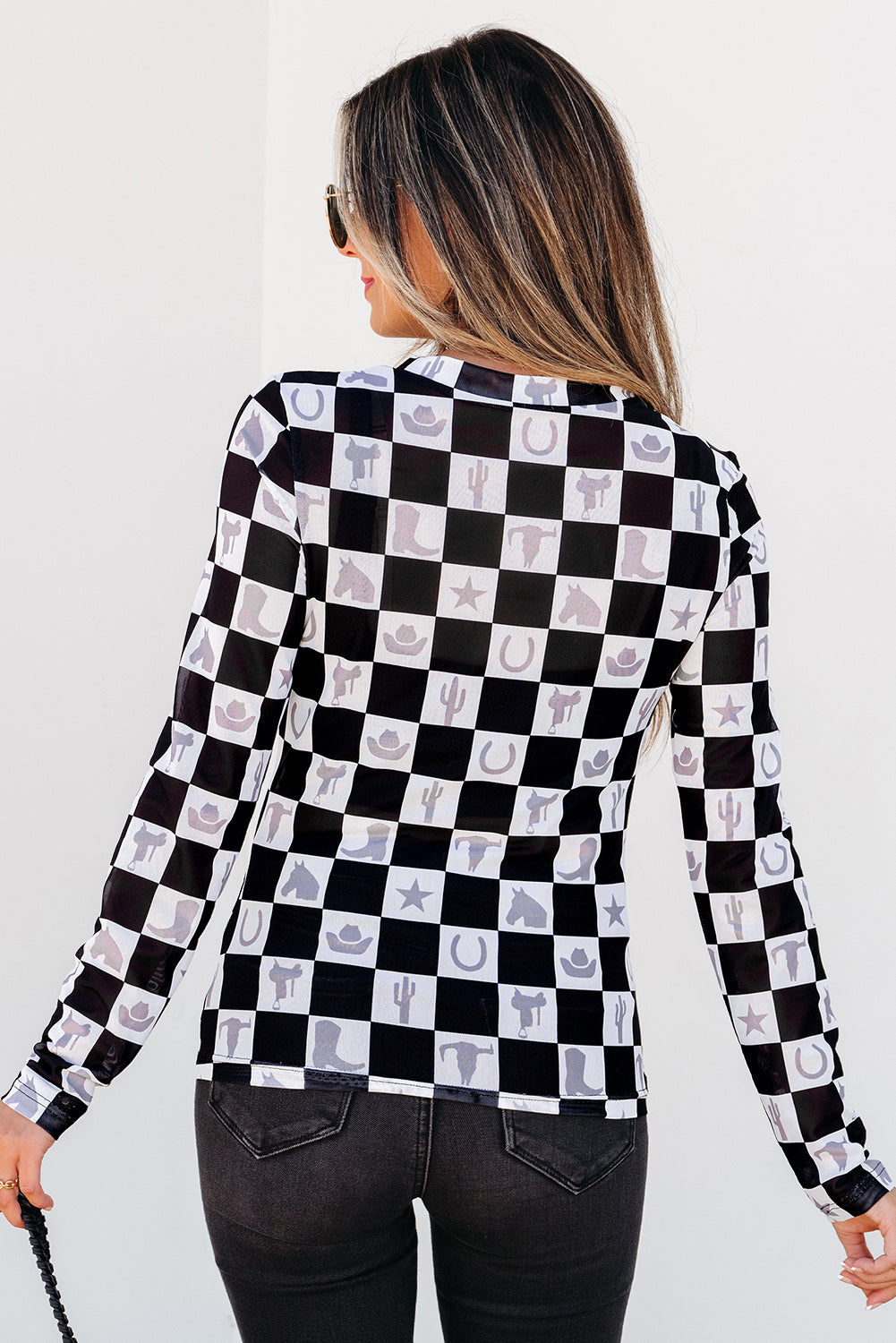 Black Checkerboard Western Elements Printed Mesh Long Sleeve Top eAura
