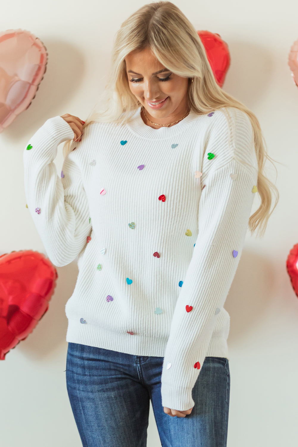 Beige Sequin Heart Shape Waffle Knit Round Neck Sweater eAura
