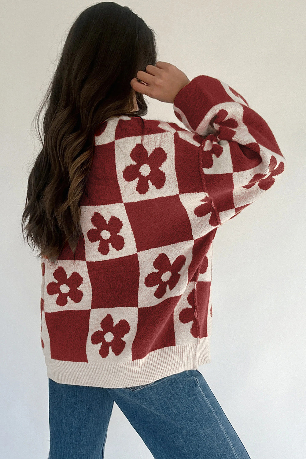 Red Dahlia Flower Colorblock Checkered Henley Sweater - eAura