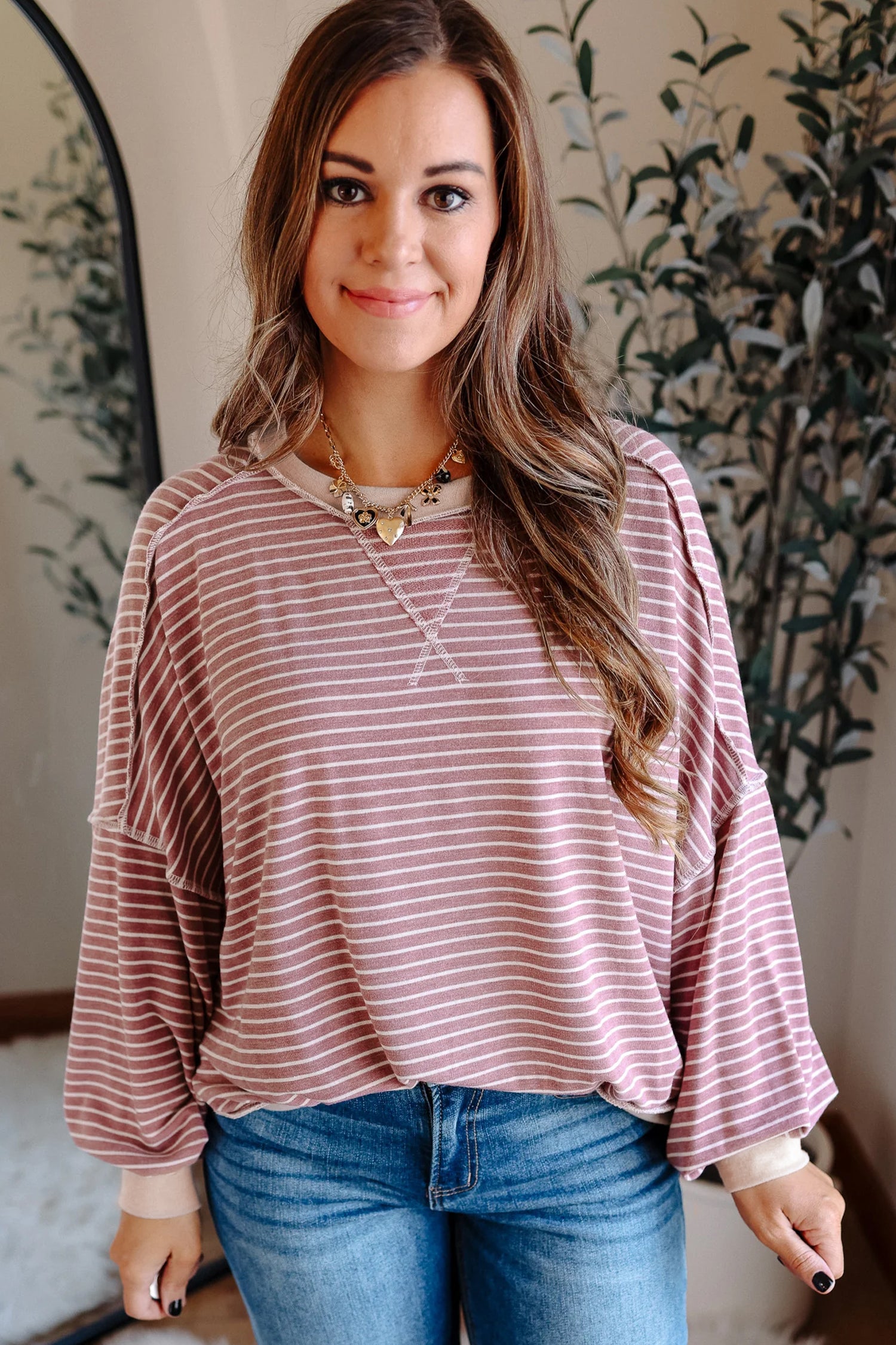Stripe Exposed Stitching Long Sleeve Top - Tops/Long Tops