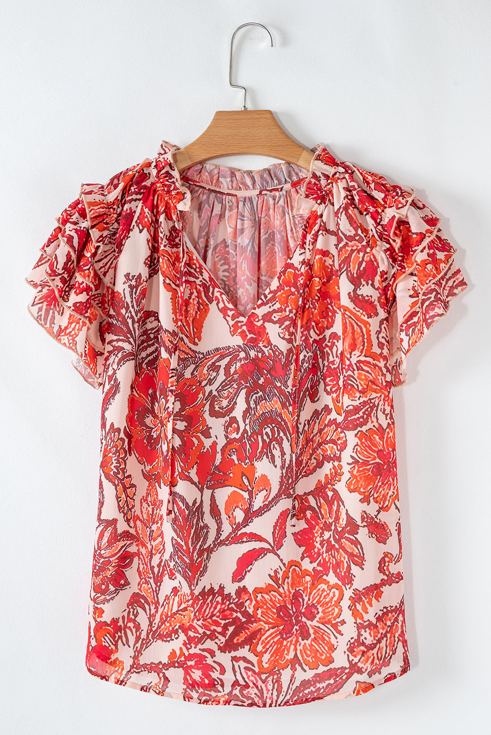 Red Vintage Floral Ruffle Sleeve V Neck Blouse eAura