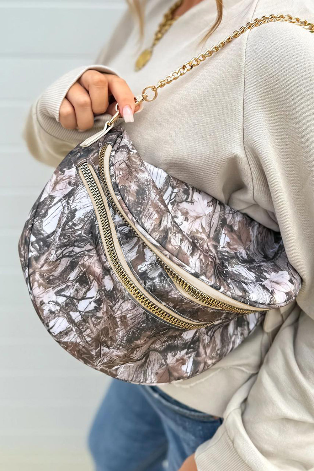 Black Camouflage Print Double Zipper Crossbody Bag