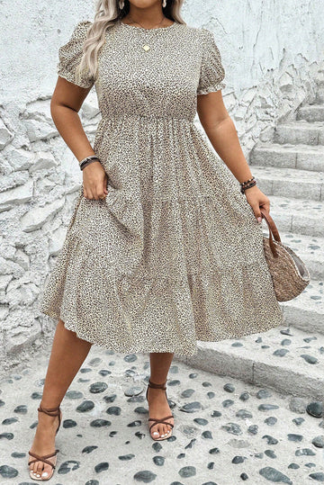 Beige Plus Size Leopard Print Frill Trim Short Sleeve Flared Dress BB Fashion Outlet