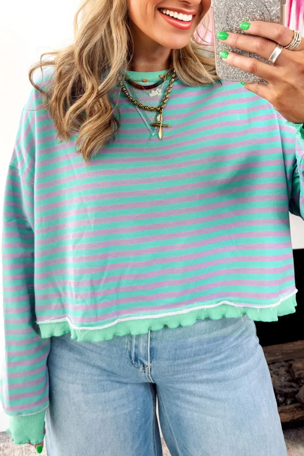Green Stripe Exposed Seam Contrast Ribbed Trim Boxy Sweatshirt - eAura