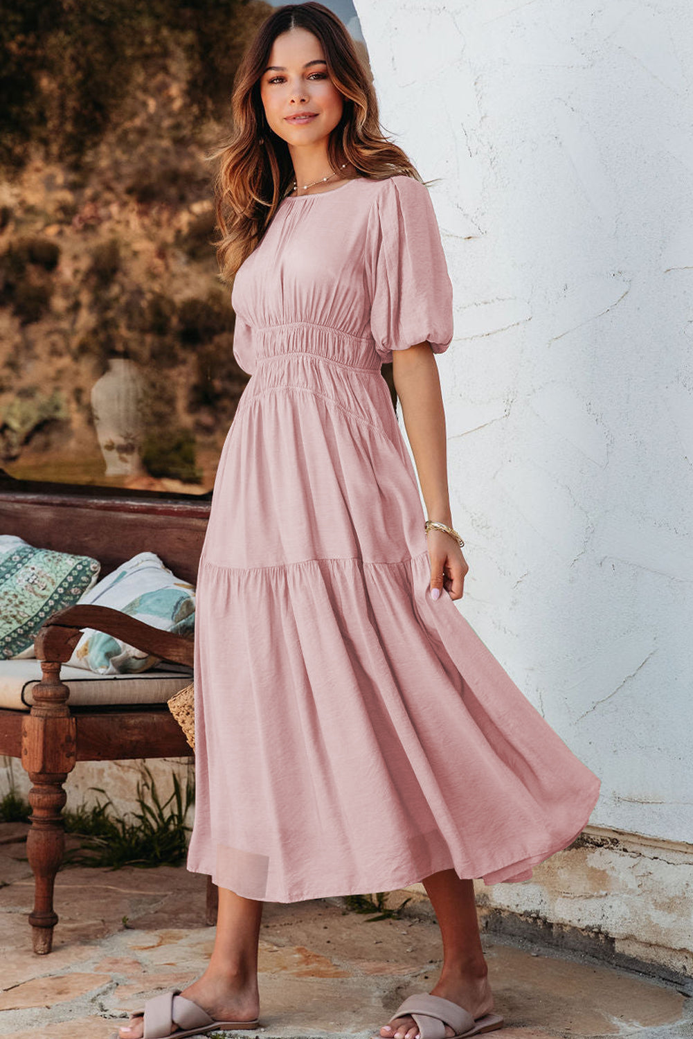Pink Puff Sleeve Pleated High Waist Flowy Long Dress eAura