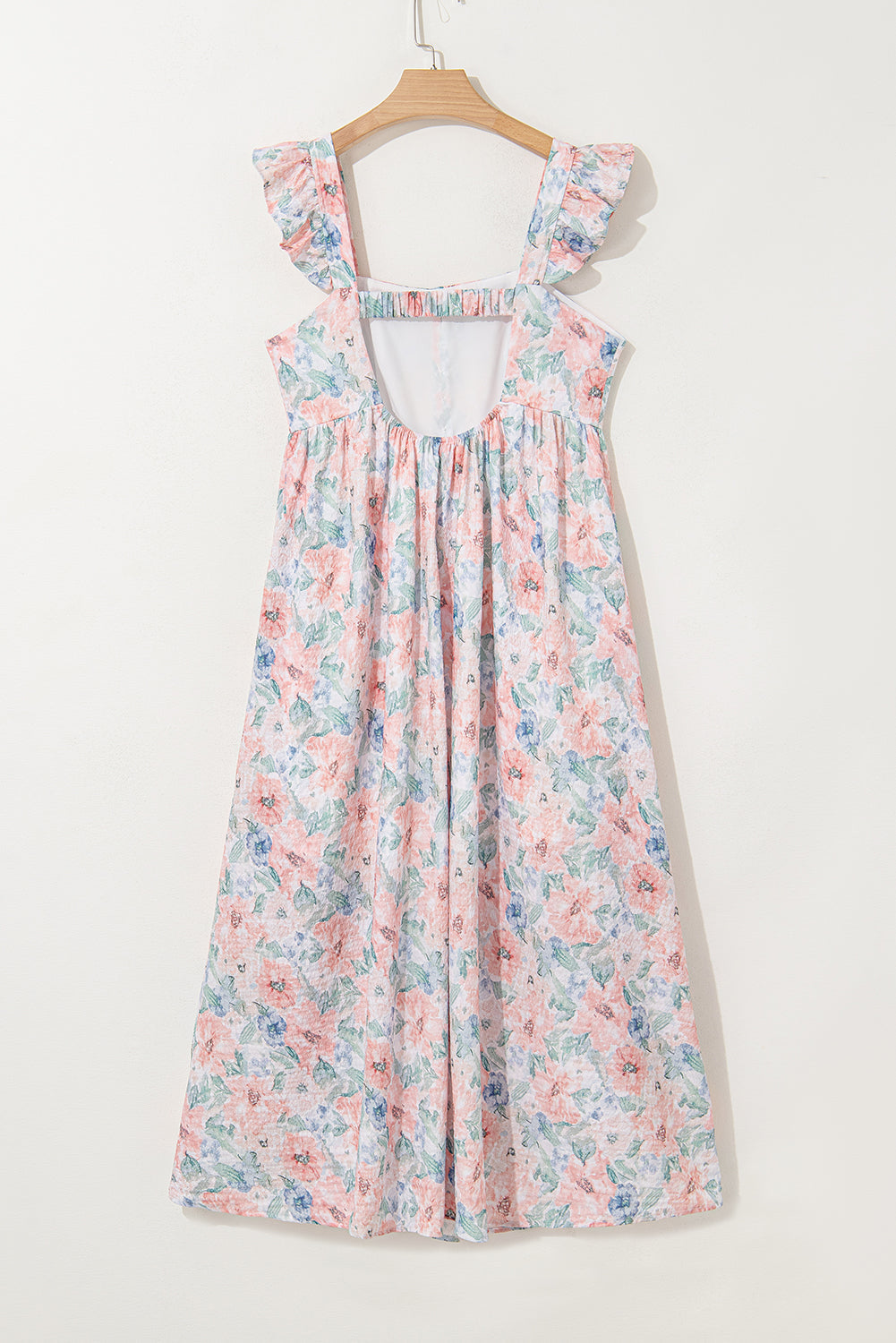 Pink Floral Print Square Neck Backless Long Dress with Slit eAura