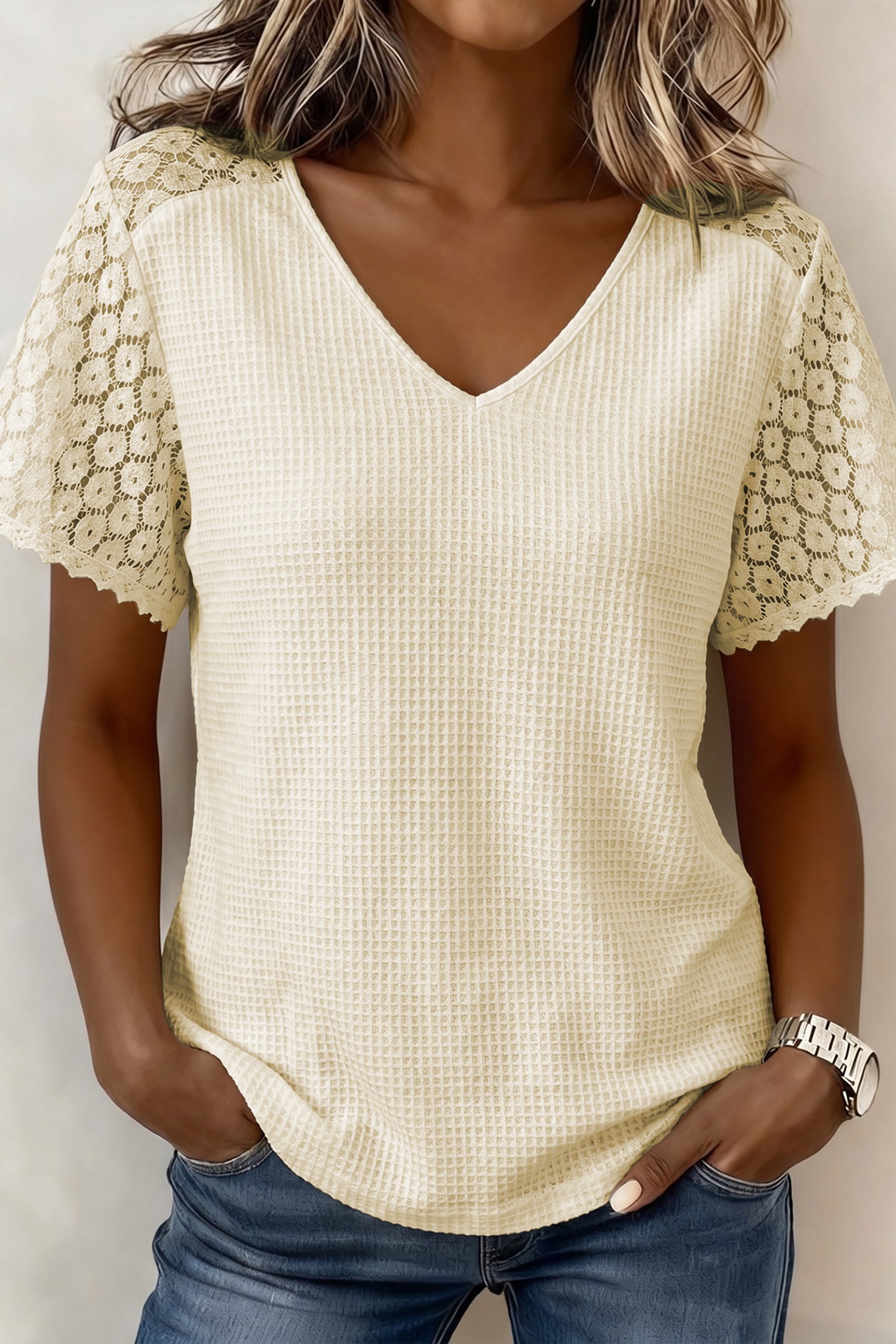 Lace Splicing Button Cutout V Neck Waffle Knit Blouse – Beige