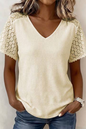 Lace Splicing Button Cutout V Neck Waffle Knit Blouse – Beige