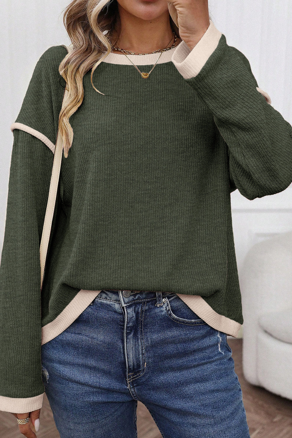Contrast Colour Trim Knit Drop Shoulder Top - Green / S - Tops/Long Sleeve Tops