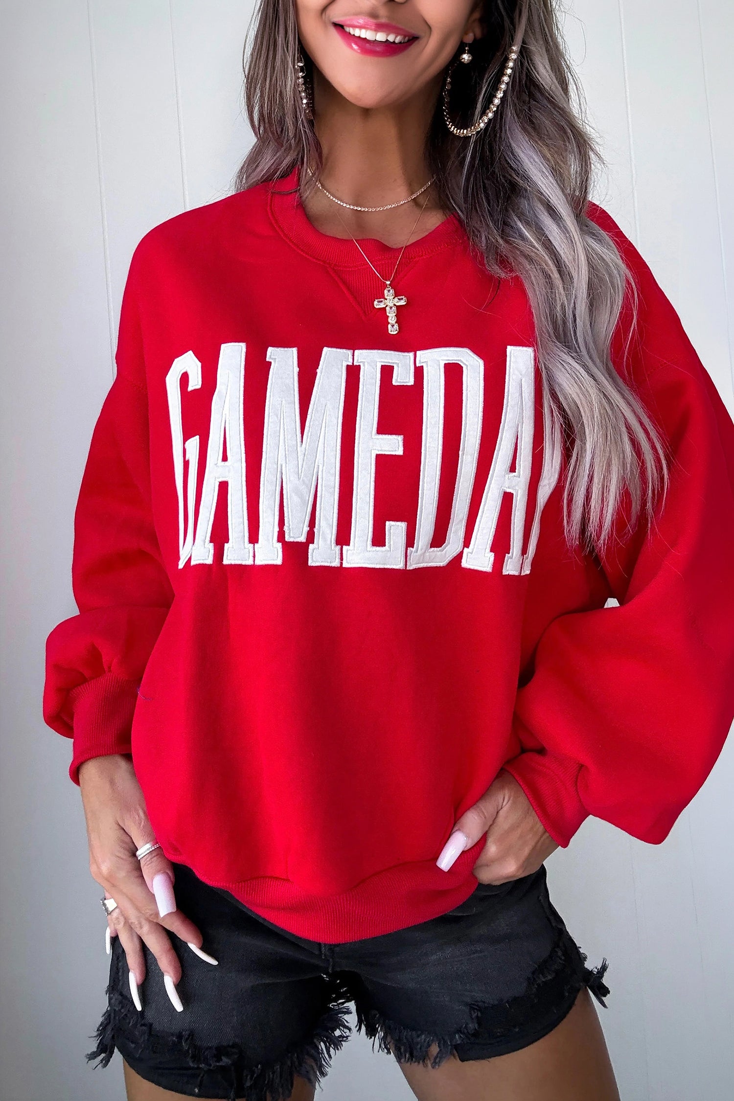 Sky Blue GAMEDAY Embroidered Patch Pattern Casual Shift Sweatshirt – Light Blue