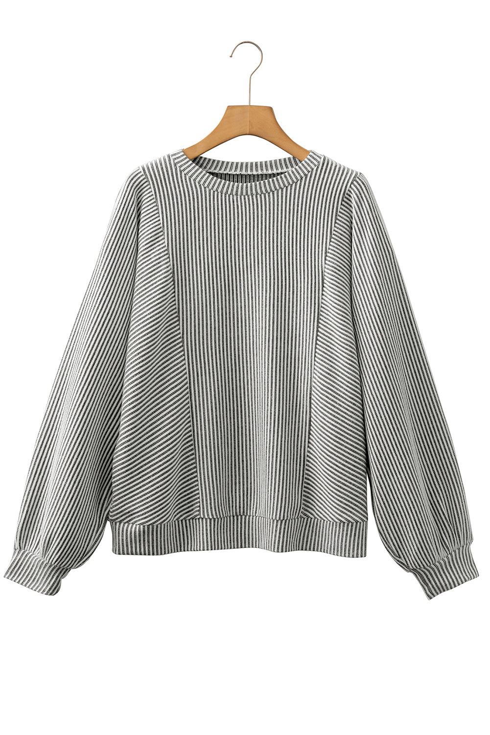 Grey Ribbed Round Neck Long Lantern Sleeve Top - eAura