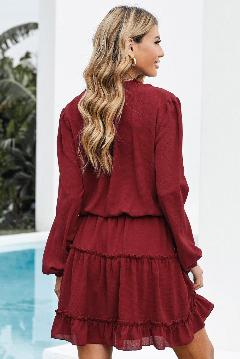 V Neck Long Sleeve Ruffle Tiered Mini Dress eAura