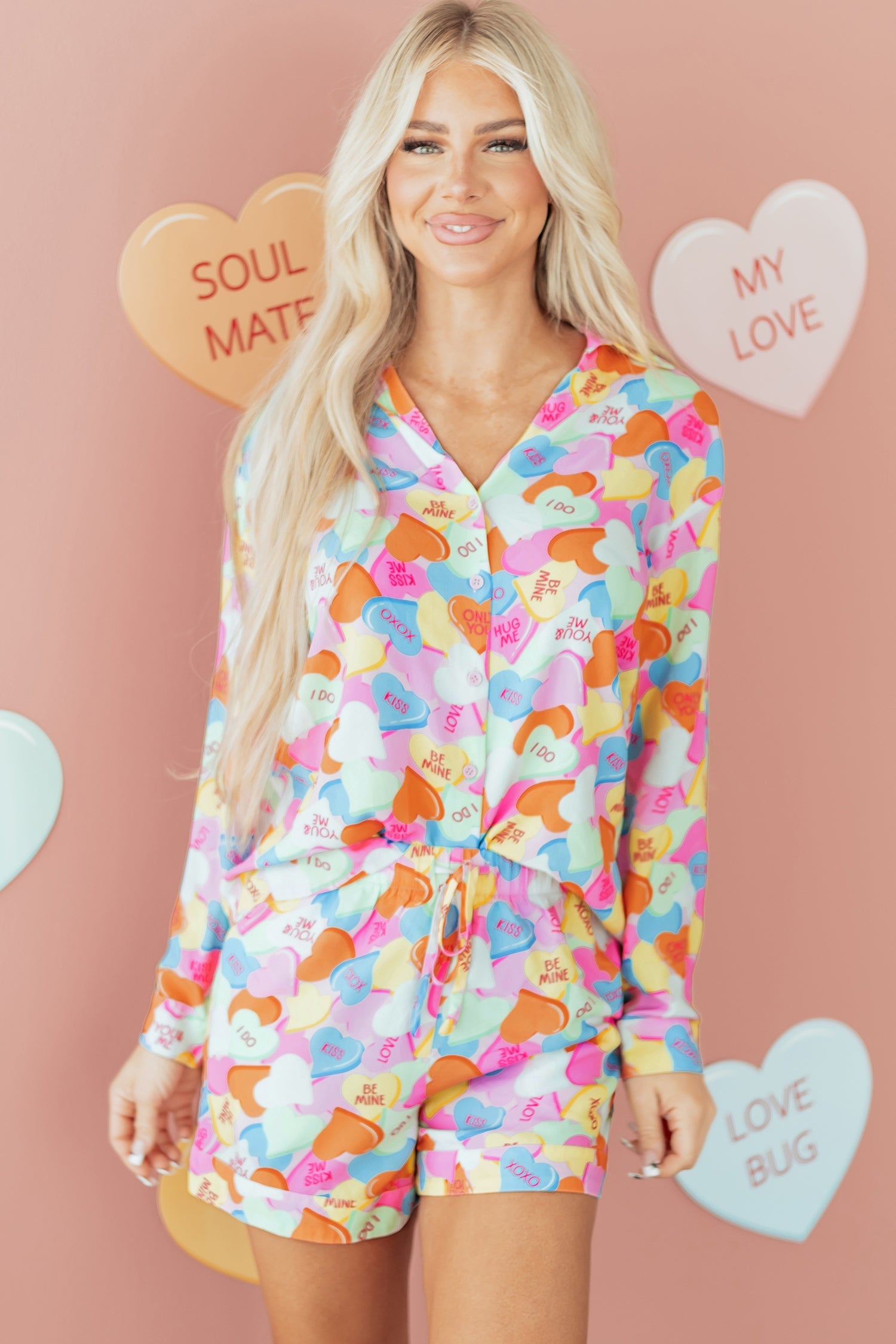 Candy Heart V-Neck Collared Tunic Shirt and Shorts Pyjama Set - eAura