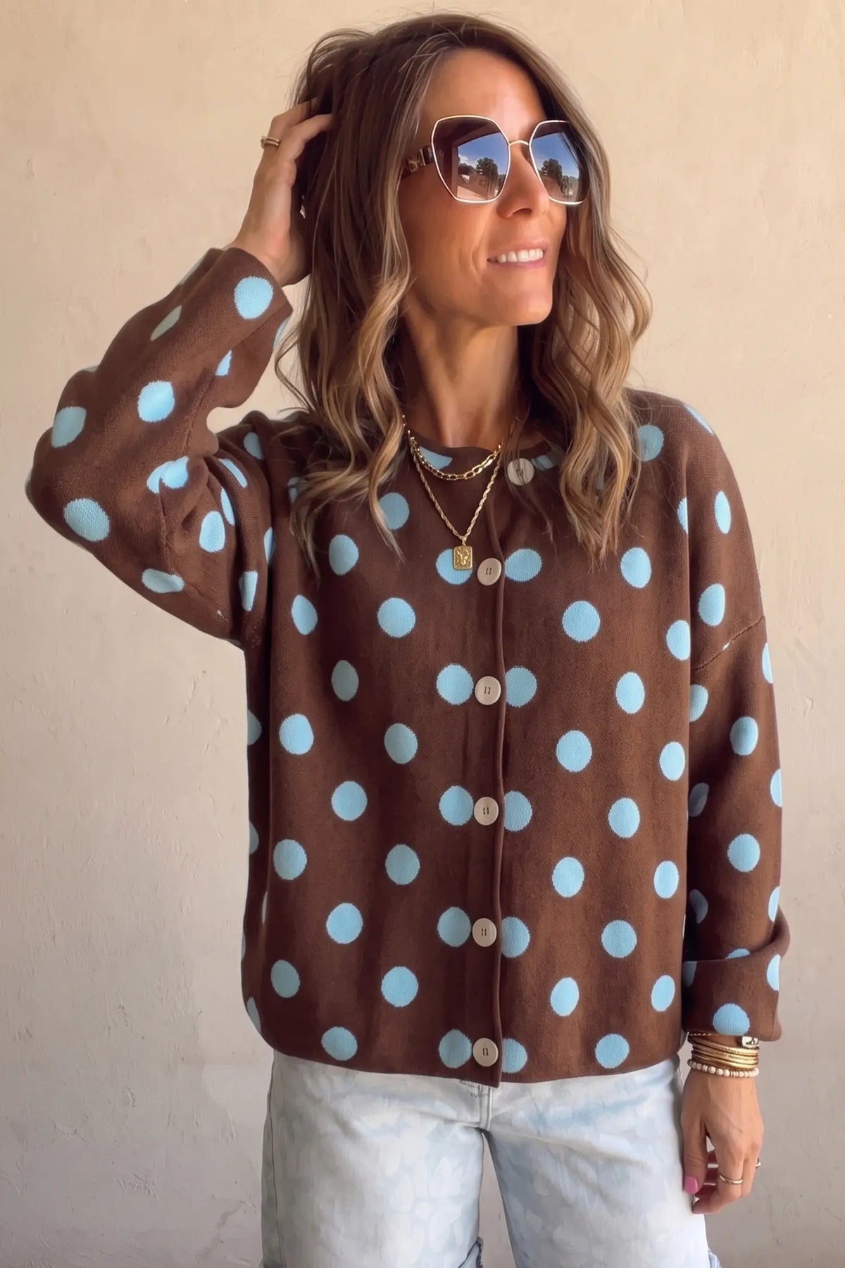 Cardigan Polka Dot Button Down Dropped Shoulder Shift