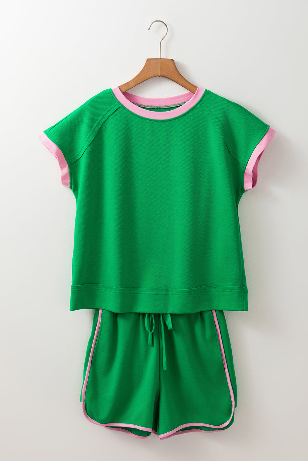 Bright Green Two Tone Contrast Textured Crewneck Tee and Shorts Set eAura