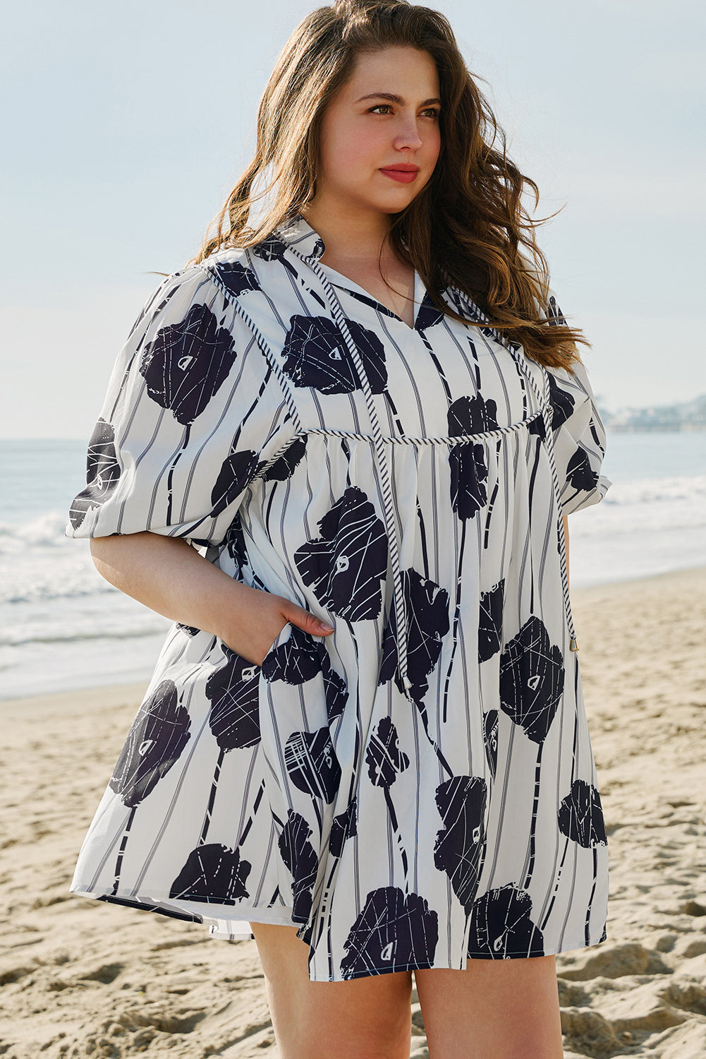 Black Plus Size Floral 3/4 Puff Sleeve Lace-up Neck Mini Dress BB Fashion Outlet