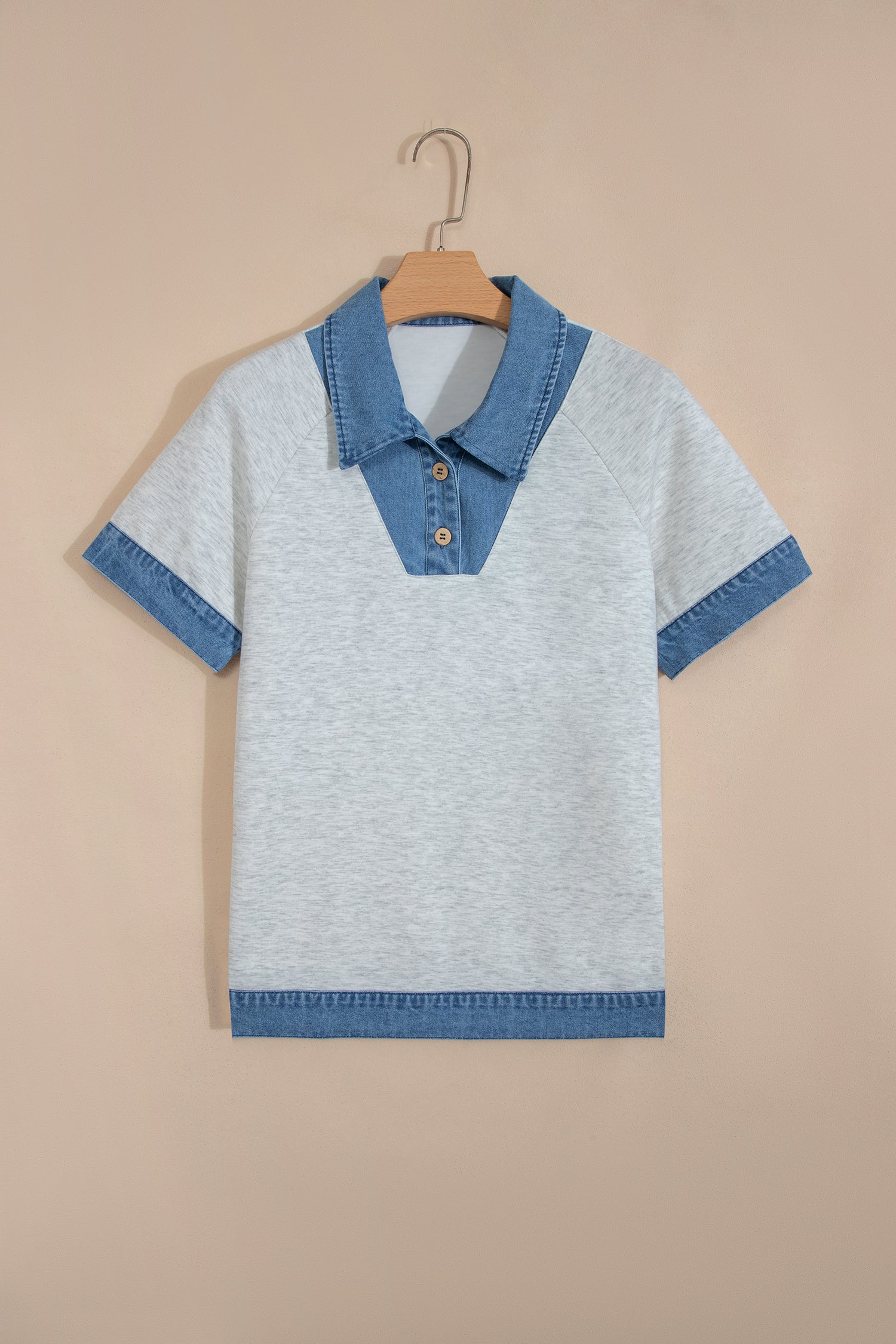 Denim Contrast Collar Cuffed Short Sleeve Top – Light Grey