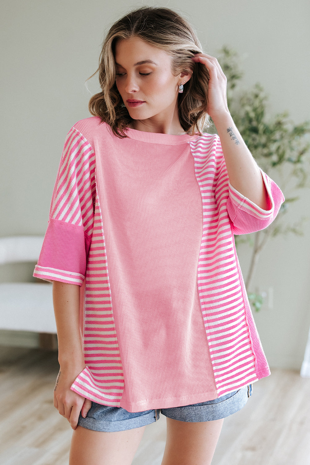 Pink Stripe Color Block Patchwork Loose Half Sleeve T Shirt BB Fashion Outlet
