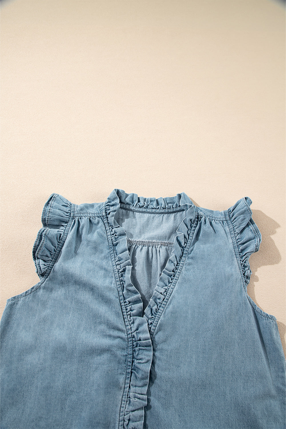 Beau Blue Frilly Ruffle Trim V Neck Chambray Tank Top eAura