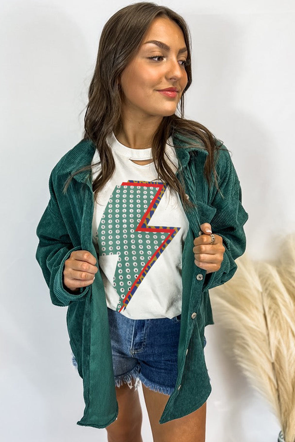White Rhinestone Decor Bolt Graphic Ripped Western Tee eAura