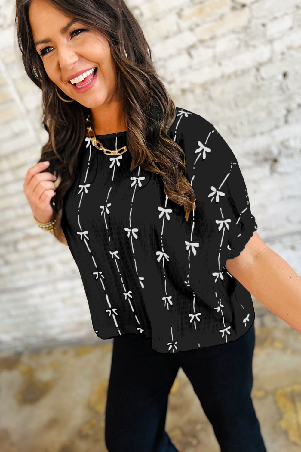 Black Bow Print Puff Short Sleeve Top eAura