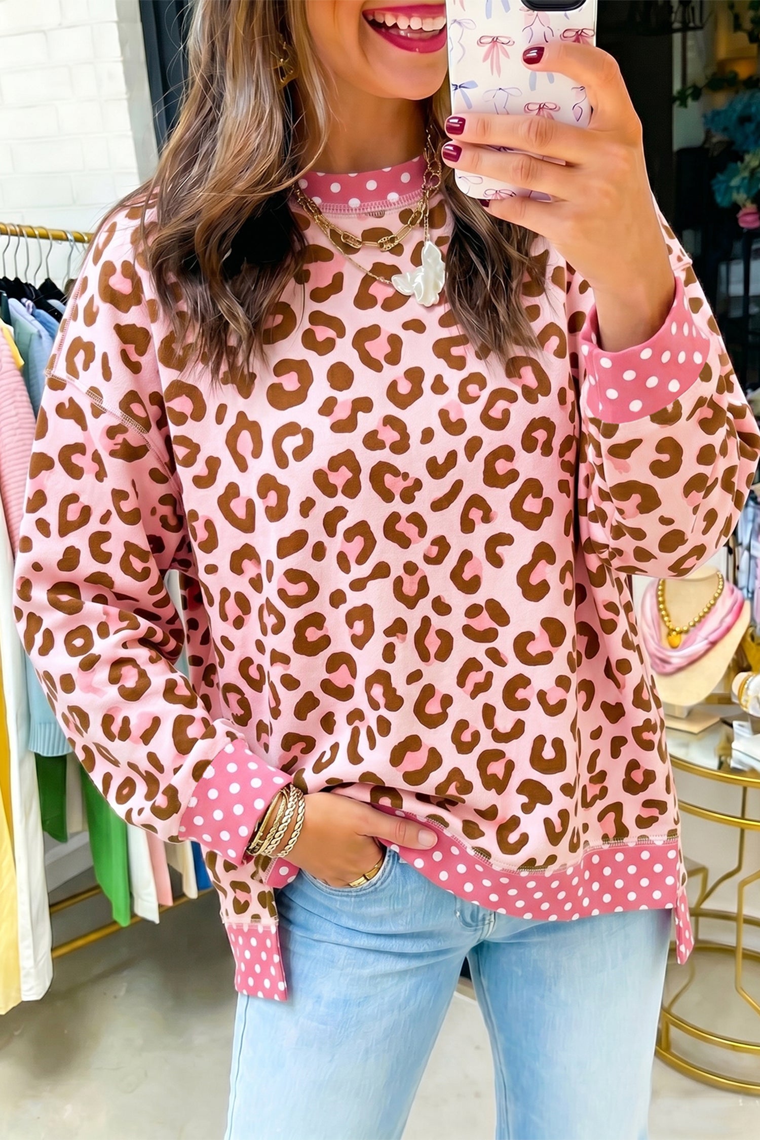 Brown Leopard Polka Dot Colorblock Trim Long Sleeve Top