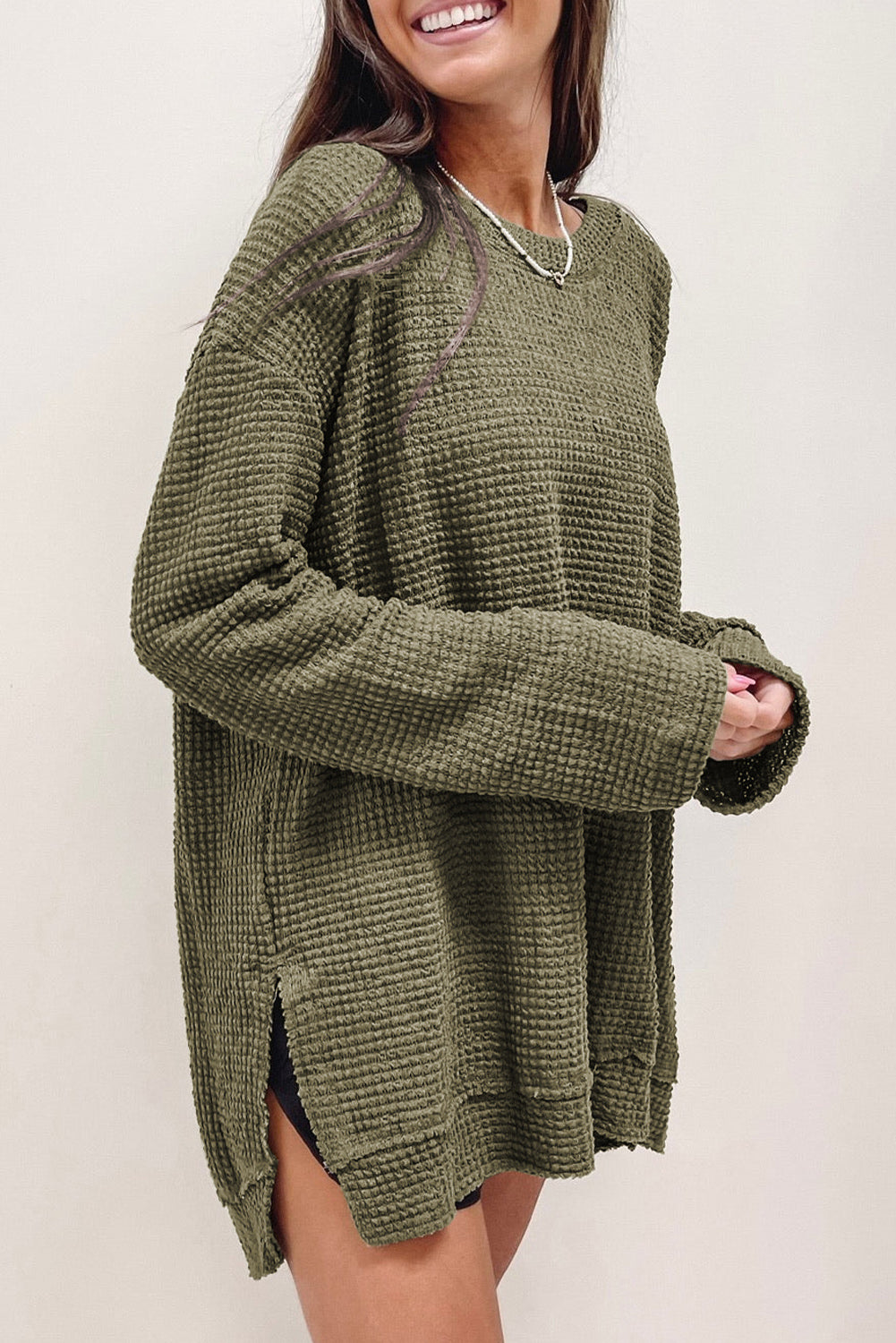 Khaki Waffle Knit High Slits Oversized Top - eAura